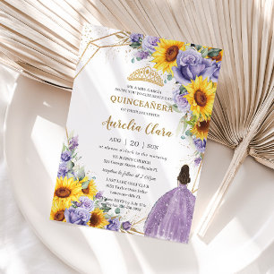Quinceanera SolrosLila Lavender Blommigt Guld Inbjudningar