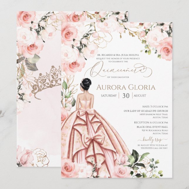 Quinceanera Söt i Rosa Vackert  15 dagar Inbjudningar (Fram/baksida)