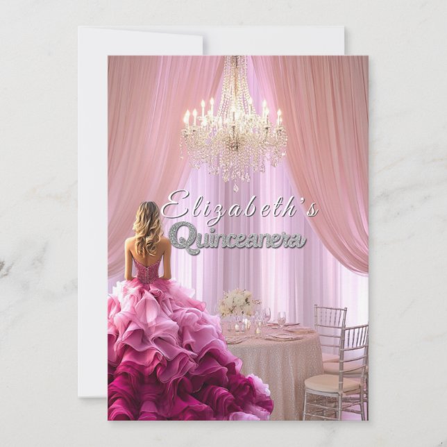 Quinceanera Söt Rosa Gown Chandelier Krona Inbjudningar (Framsida)