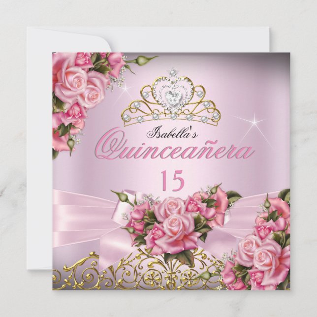 Quinceanera Söt Rosa ros Tiara 15:e födelsedagen Inbjudningar (Framsida)