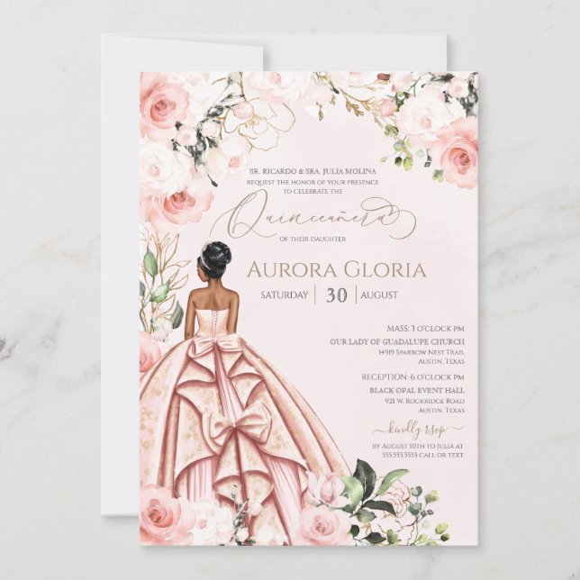 Quinceanera Söt Rosa Vackert  Ro 15:e Inbjudningar (Framsida)