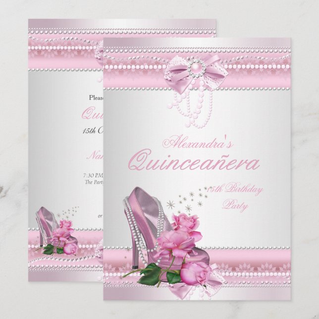 Quinceanera Söt Rosa Vit ros High Heel 2 Inbjudningar (Fram/baksida)