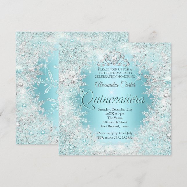 Quinceanera Söt Silver Teal blue Snöflingor Inbjudningar (Fram/baksida)