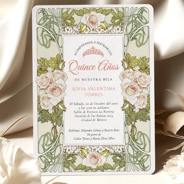 Quinceañera Spansk Sage Grön Rosa Inbjudningar (Skapare uppladdad)