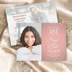 Quinceañera Spara datum 2 Foto Rosa Confetti Inbjudan Vykort