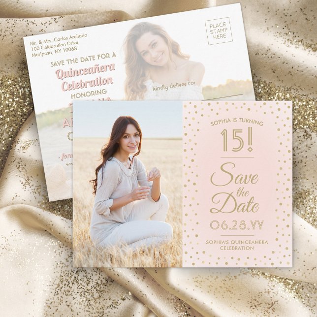 Quinceañera Spara datum 2 Foto  Rosa Guld Inbjudan Vykort (Skapare uppladdad)