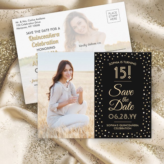 Quinceañera Spara datum 2, fotosvart och Guld Inbjudan Vykort (Skapare uppladdad)