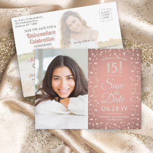 Quinceañera Spara datum 2 Photo Ro Guld Rosa Inbjudan Vykort