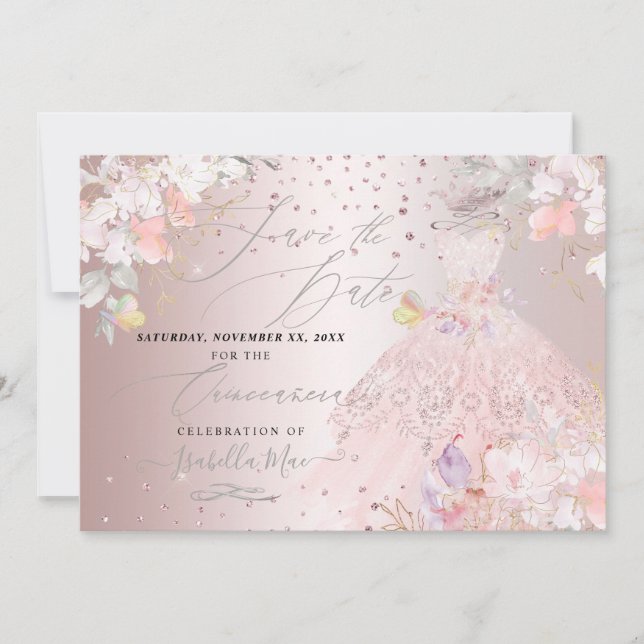 Quinceanera Spara datum Blush Rose Söta ärter Inbjudningar (Framsida)