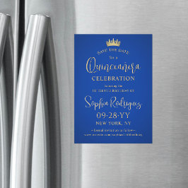 Quinceañera Spara datum Elegant Royalet Blue Guld Magnetisk Inbjudningskort
