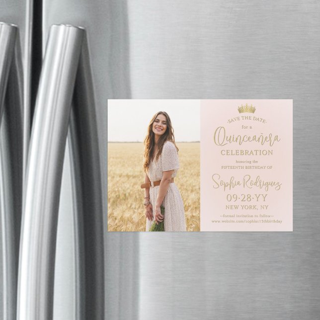 Quinceañera Spara datum Foto  Rosa & Guld Magnetisk Inbjudningskort (Skapare uppladdad)