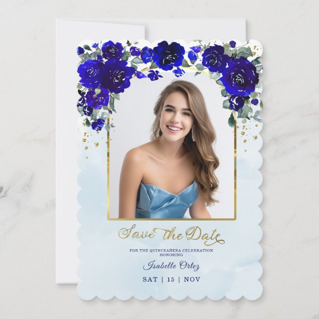 Quinceañera Spara Datum Foto Royal Blå Guld Inbjudningar (Framsida)