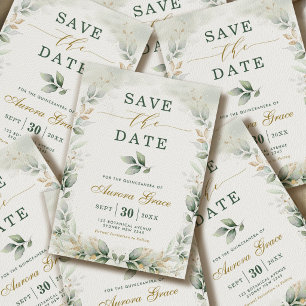 Quinceanera Spara datum Greenery Guld Eukalyptus Inbjudningar