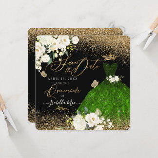 Quinceanera Spara datum Grönten Faux Glitter Gown Inbjudningar