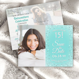 Quinceañera Spara datum Modern 2 Photo Teal Blue Inbjudan Vykort
