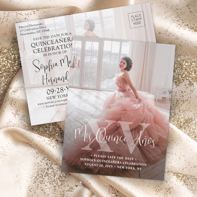 Quinceañera Spara datum Modern Photo Mis XV Años Meddelande Vykort (Skapare uppladdad)
