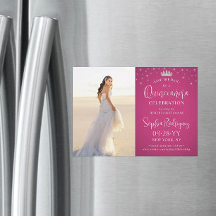 Quinceañera Spara datum Photo Fuschia-Rosa Magnetisk Inbjudningskort