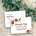 Quinceanera Spara datum Röd ros vattenfärg Meddelande Vykort<br><div class="desc">Vackra Quinceanera Spara vykorten för datum med Röd ros och ett bindestreck med Guld Confetti. Den här vattenfärgsdesignen har vintage ro i röda nyanser och rosa och sparar datuminformationen för Quinceanera på båda sidor. Mallen är konfigurerad så att du kan anpassa vykortet med ditt namn, datum och anpassningsbar. Bläddra i...</div>