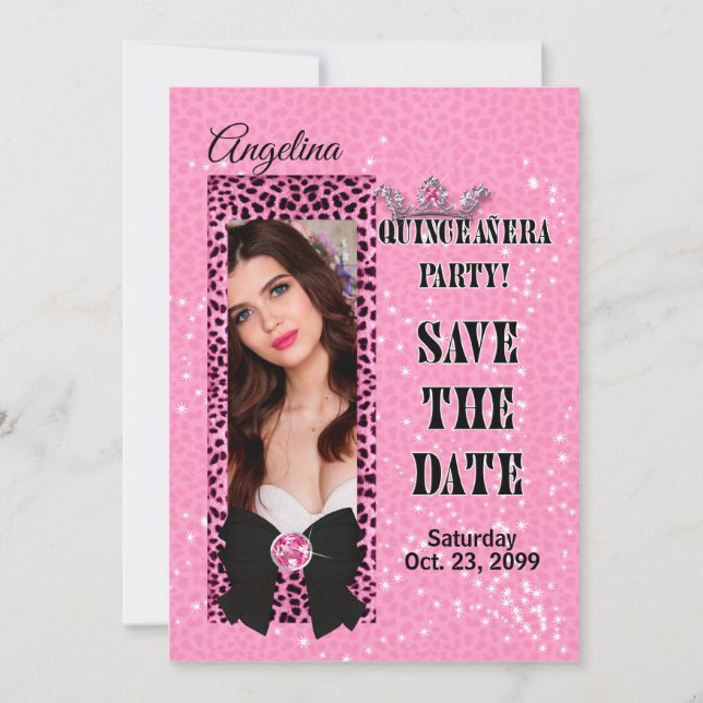 Quinceanera Spara datum Rosa Cheetah Skriv ut Inbjudningar (Framsida)