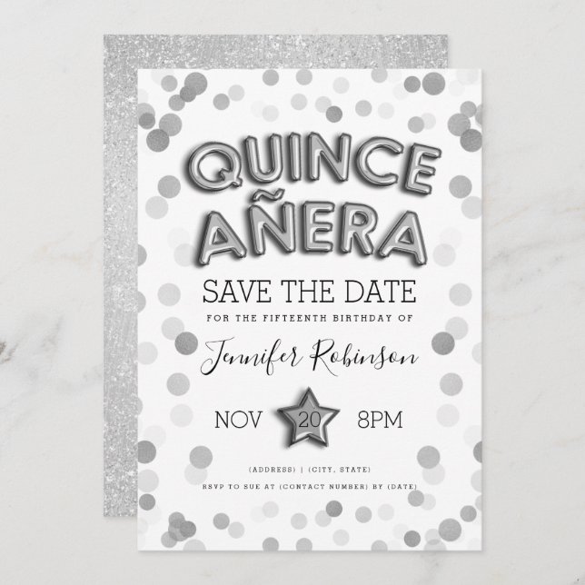 Quinceañera Spara datum Silver-bubblor Glitter Inbjudningar (Fram/baksida)