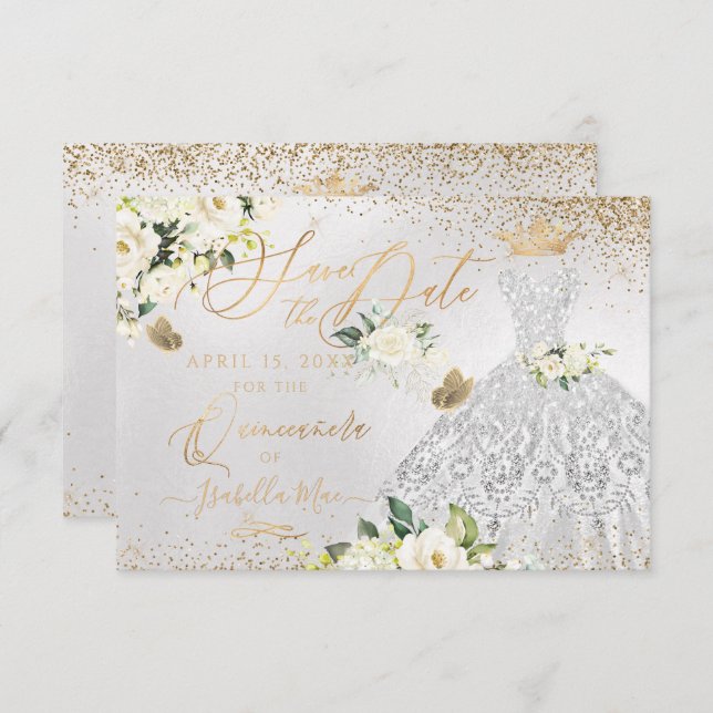 Quinceanera Spara datum Silver Faux Glitter Gown Inbjudningar (Fram/baksida)