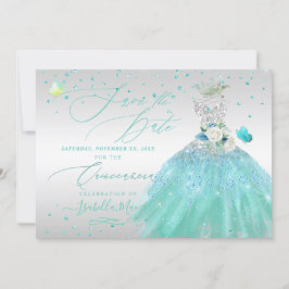 Quinceanera Spara datum turkos Silver Inbjudningar