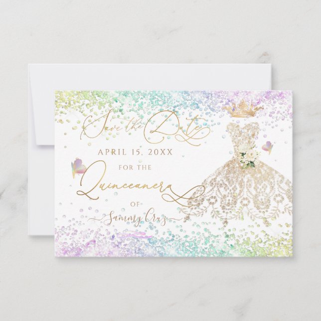 Quinceanera Spara datum Vit Guld Klänning Inbjudan (Framsida)
