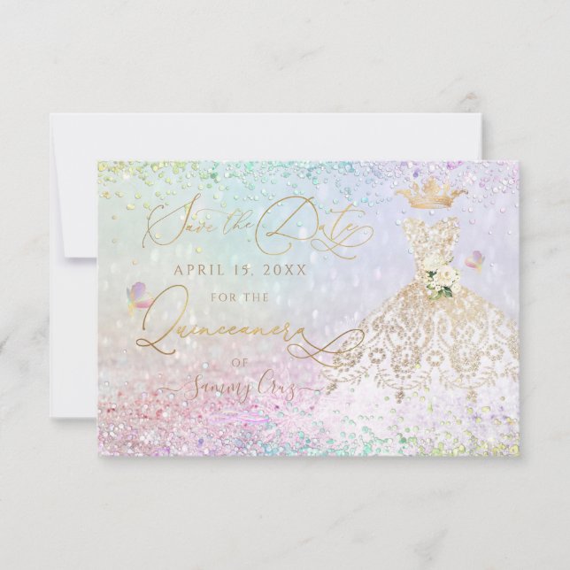 Quinceanera Spara datum Vit Guldklänning Inbjudningar (Framsida)
