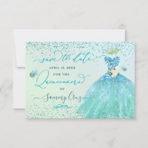 Quinceanera Spara datumet för Aqua Glitter-klännin Inbjudningar