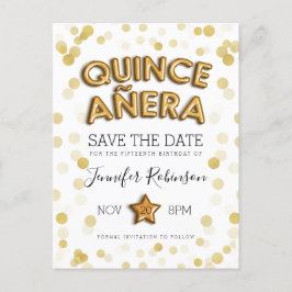 Quinceanera spara det guld- ballongglitter för meddelande vykort