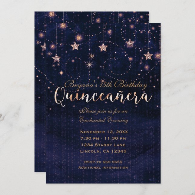 Quinceañera Starry Night Lila & Guld Whimsical Inbjudningar (Fram/baksida)