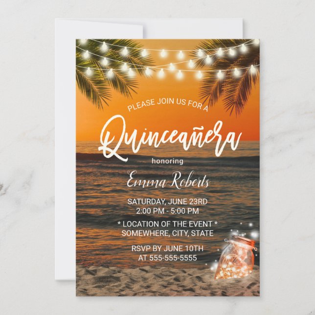 Quinceanera Summer Sunset Beach Glow Mason Burk Inbjudningar (Framsida)