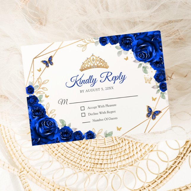 Quinceanera-svar på royal Blue Guld Blommigt OSA Kort (Skapare uppladdad)