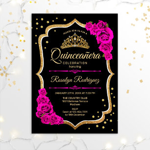 Quinceanera - Svart Guld Rosa Inbjudningar