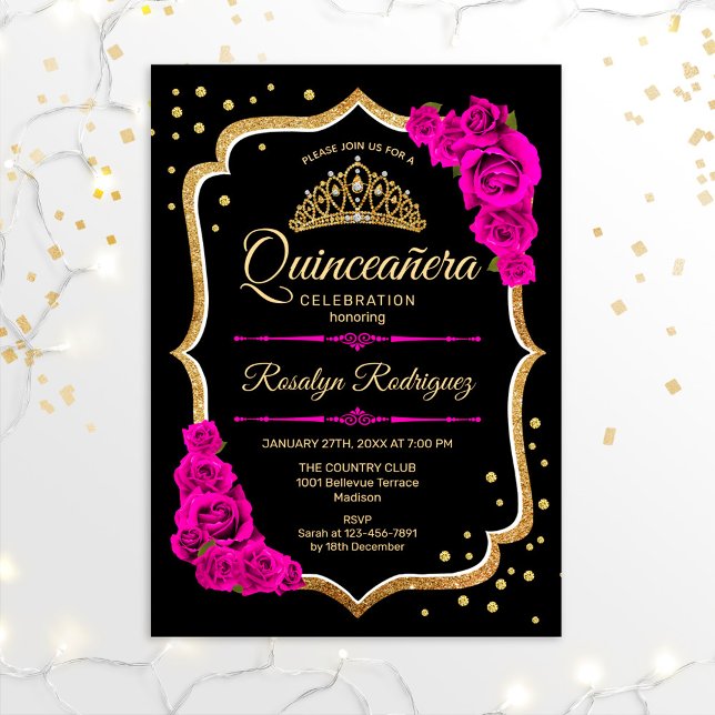 Quinceanera - Svart Guld Rosa Inbjudningar (Skapare uppladdad)
