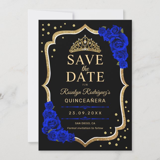 Quinceanera Svart Guld Royalblå Spara Datumet (Framsida)