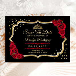 Quinceanera Svart Röd Guld Blommig Spara Datumet