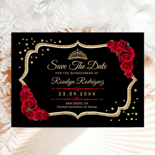 Quinceanera Svart Röd Guld Blommig Spara Datumet (Skapare uppladdad)