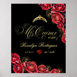Quinceanera - svart röd guld-dekoration - tecken poster