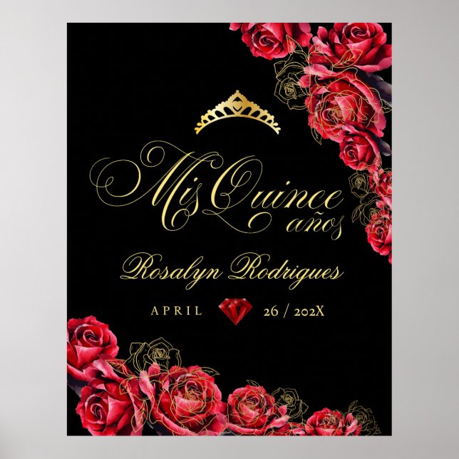 Quinceanera - svart röd guld-dekoration - tecken poster (Framsidan)
