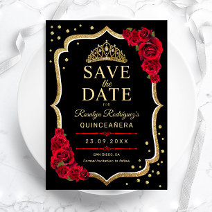 Quinceanera Svart Röd Guld Spara Datumet