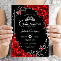 Quinceanera Svart Röd Silver Blommig