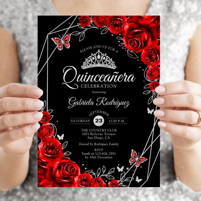 Quinceanera Svart Röd Silver Blommig Inbjudningar (Skapare uppladdad)