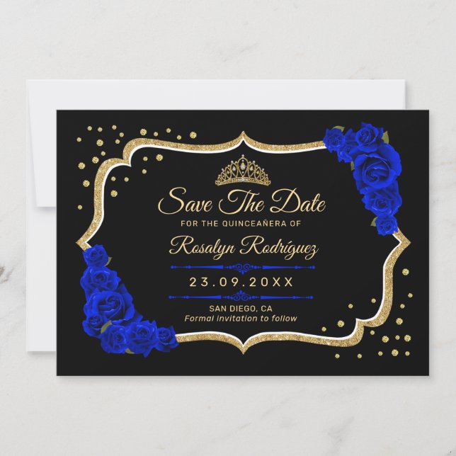 Quinceanera Svart Royal Blå Guld Blommig Spara Datumet (Framsida)