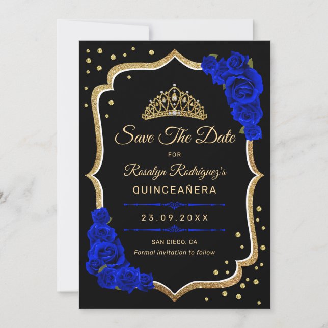Quinceanera - Svart Royal Blå Guld Spara Datumet (Framsida)