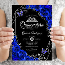 Quinceanera Svart Royal Blå Silver Blommig