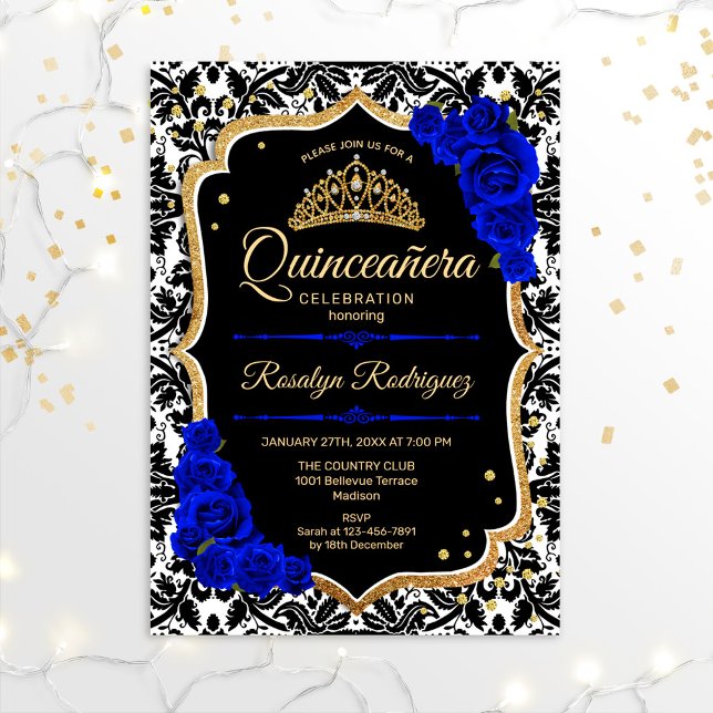Quinceanera - svart Royal Blue Guld Inbjudningar (Skapare uppladdad)