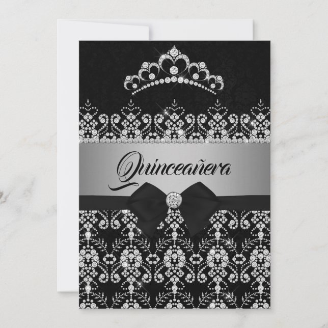 Quinceanera Svart Silver Glitter Diamant Tiara Bow Inbjudningar (Framsida)
