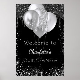 Quinceanera svart silver glitter välkommen poster
