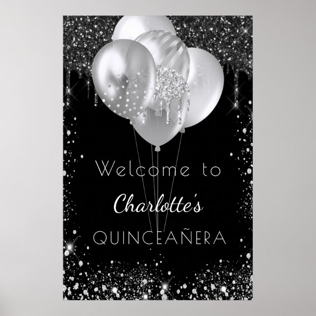 Quinceanera svart silver glitter välkommen poster (Framsidan)